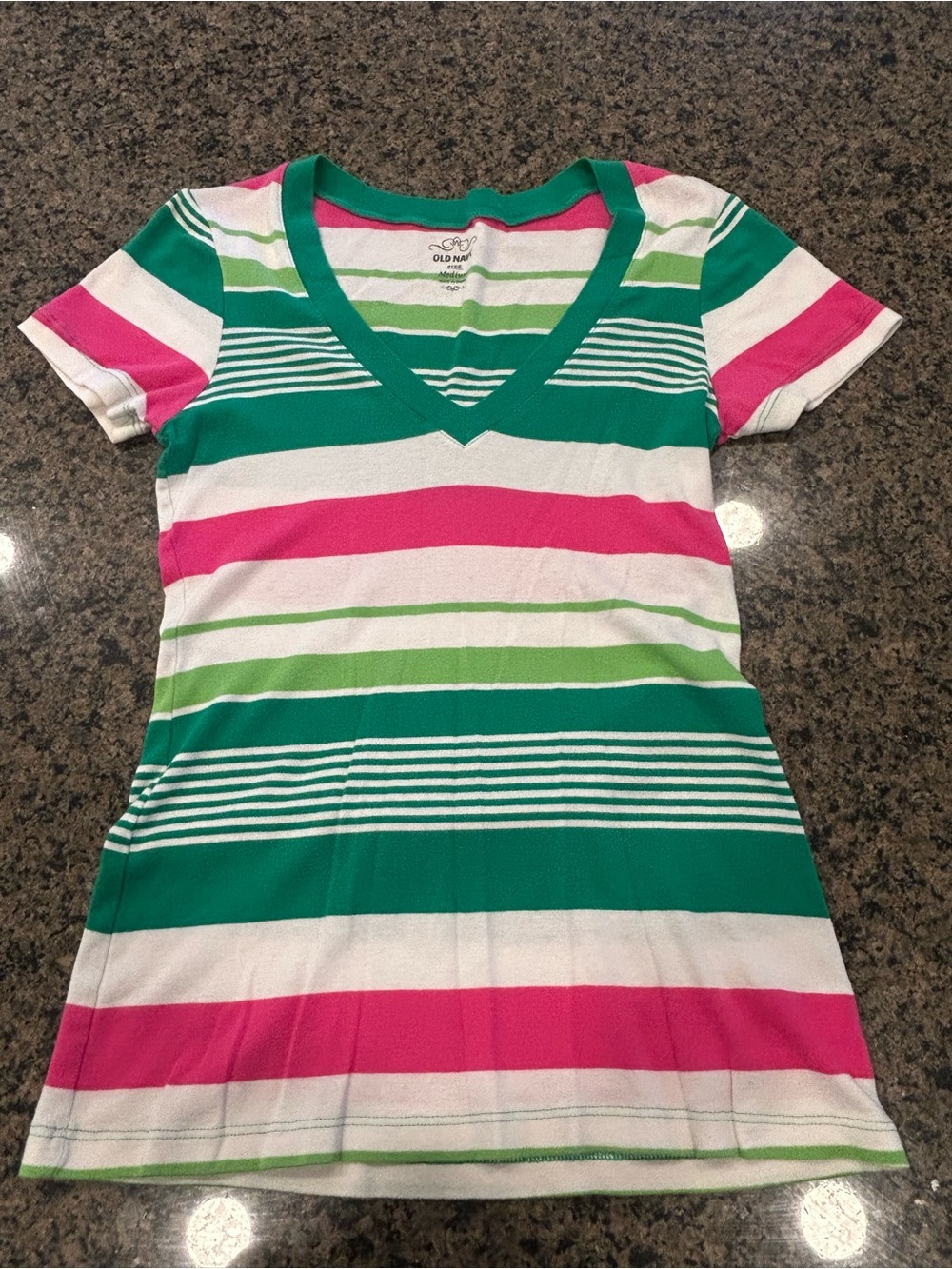 Old Navy Green, Pink & White Striped V-Neck Tee